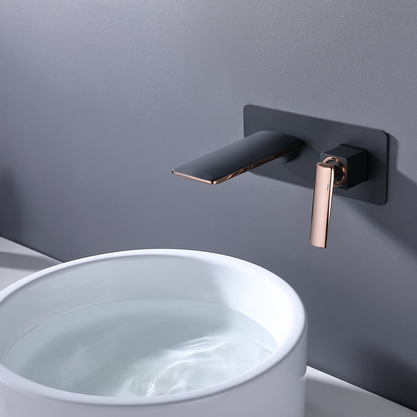 Modern Style Wall Mounted Waterfall Bathroom Sink Faucet in Black/Rose Gold-M146RG/BLKL