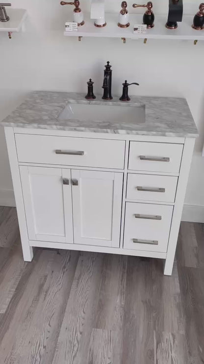 36" width Bathroom Vanity in White with Marble countertop with Basin and Mirror