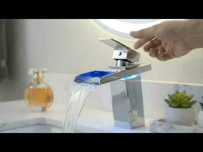 LED Bathroom Faucet Brushed Nickel – Color Changing Waterfall Single Hole Sink Faucet