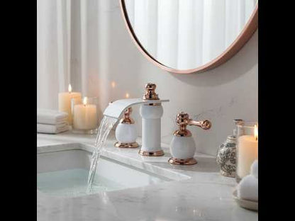 Modern Luxury Vanity Faucet (8" Centers)-Angelo White & Rose Gold 3-Hole Widespread Bathroom Faucet